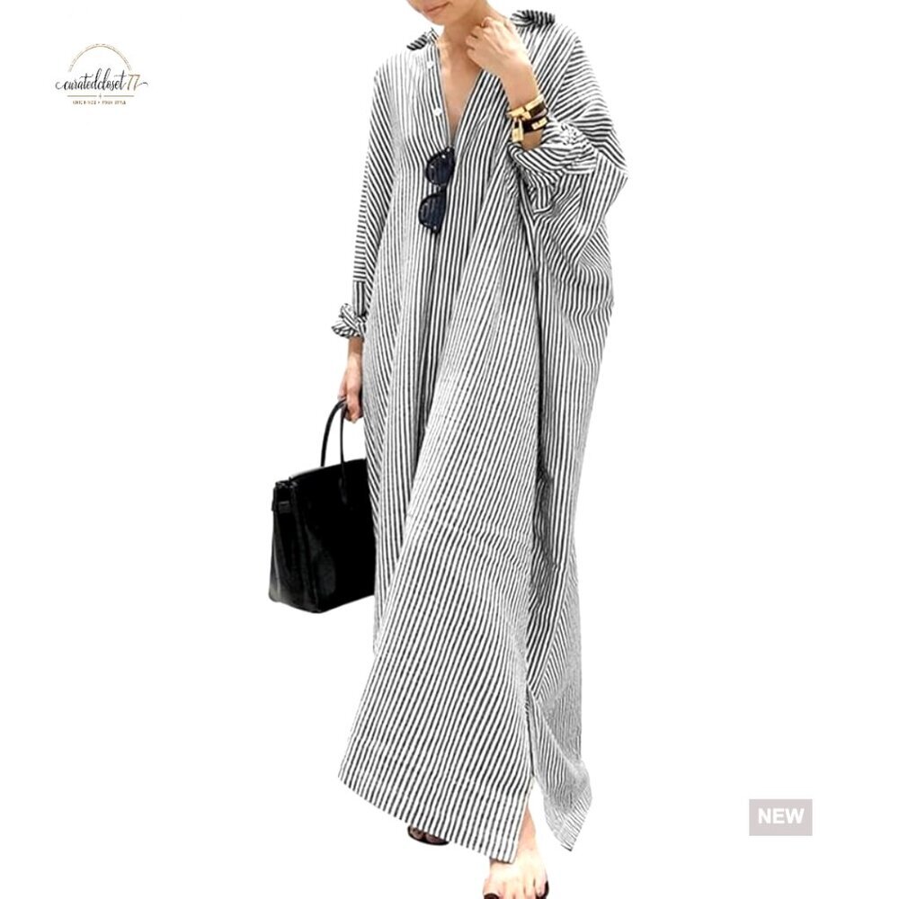 Long Sleeve Button Down Maxi Shirt Dress, Cotton Loose Fit, Striped Casual